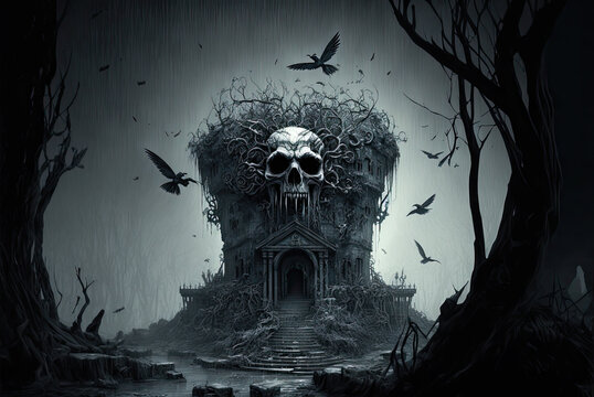 Crypt with skull, crows, horror, black and white. Generative AI