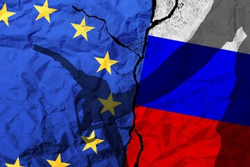 EU Flag and Russia with gas or oil. Crisis concept