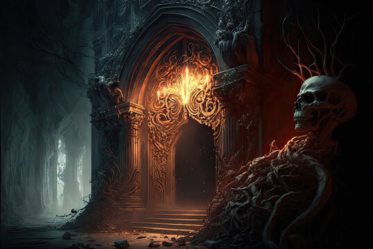 Crypt entrance with skull, horror. Generative AI