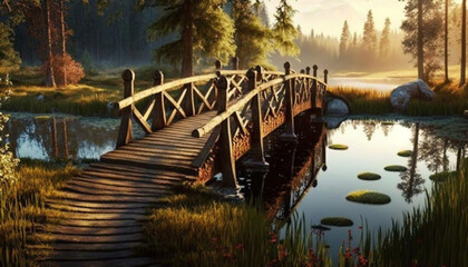 Morning view of wooden bridge over lake created with Generative AI technology