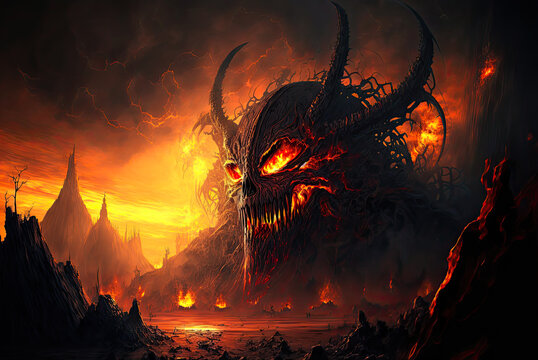 Hell landscape, giant demon skull head. Generative AI