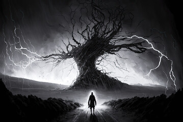 Silhouette figure, tree, lightning, horror, black and white. Generative AI