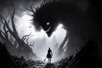 Monster, silhouette, horror, black and white. Generative AI