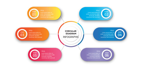 Business infographic process with circle template design with icons and 6 options or steps. Professional inforgraphic or info chart template isolated on white background with multiple colours	
