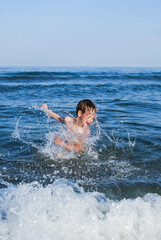 swim, learn to swim, child laughs, waves, splashes, ocean, danger on water