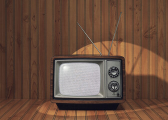 Wood Grain Cabinet Vintage TV Set in Spot Light on Wood Panel Set Still Life