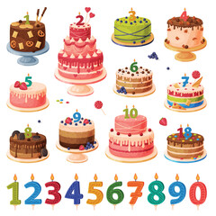 Birthday cake and number age candles set. Festive dessert with burning number shaped candles cartoon vector illustration
