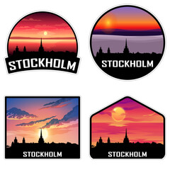 Stockholm Sweden Skyline Silhouette Retro Vintage Sunset Stockholm Lover Travel Souvenir Sticker Vector Illustration SVG EPS AI - obrazy, fototapety, plakaty