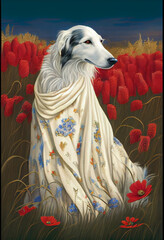 Fototapeta premium White Dog in Field of Wild Flowers. generative ai