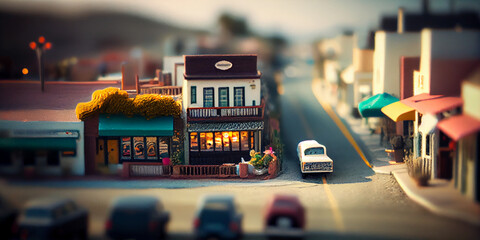 Tilt-Shift Illustration of Downtown in Small Town. Generative ai