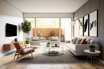 Fototapeta na wymiar Modern 3d render of a contemporary living room interior Generative AI
