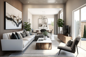 Fototapeta premium Modern 3d render of a contemporary living room interior Generative AI