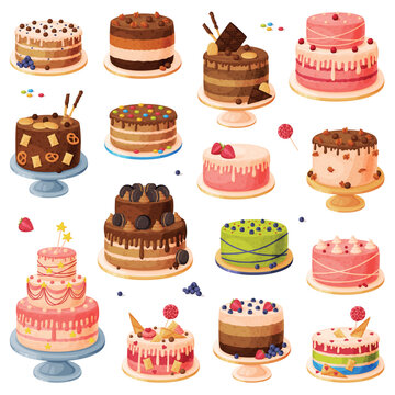 Birthday cakes collection. Tasty festive desserts cartoon vector illustration