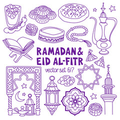 Ramadan and Eid Al-Fitr hand drawn vector illustrations set. Muslim holiday's symbols - lanterns, prayer beads, food and drinks, arabesque. Outline stroke is not expanded, stroke weight is editable.