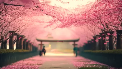 Schilderijen op glas Sakura Cherry blossoming alley. Wonderful scenic park with rows of blooming cherry sakura trees in spring. Pink flowers of cherry tree. digital ai art © Viks_jin