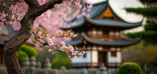 Beautiful Japanese temple, cherry blossom trees, sakura season, spring Japan. Castle at sunset, pagoda with cherry blossom. digital ai art