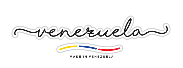 Made in Venezuela, new modern handwritten typography calligraphic logo sticker, abstract Venezuela flag ribbon banner - obrazy, fototapety, plakaty