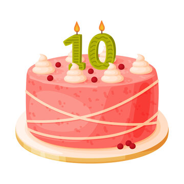 Candle on birthday cake with 10 number age. Festive dessert burning number shaped candle cartoon vector illustration