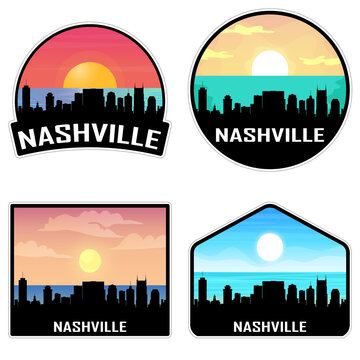 Nashville Tennessee USA Skyline Silhouette Retro Vintage Sunset Nashville Lover Travel Souvenir Sticker Vector Illustration SVG EPS AI