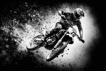 a motocross rider jumps with his machine and whirls up a lot of dirt and sand. Generative AI