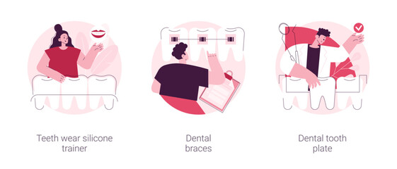 Orthodontic care abstract concept vector illustration set. Teeth wear silicone trainer, dental braces, tooth plate, crowded tooth treatment, teeth aligner and retainer, brackets abstract metaphor.