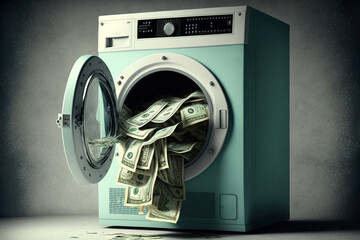 Money is washed in the washing machine, concept of Cleanliness and Financial Security, created with Generative AI technology - obrazy, fototapety, plakaty