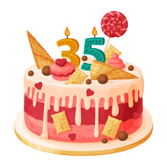Candle on birthday cake with 35 number age. Festive dessert burning number shaped candle cartoon vector illustration