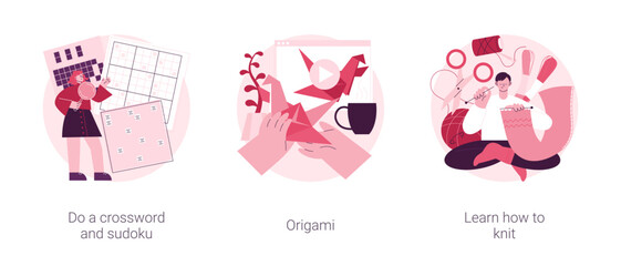 Stay home games and puzzles abstract concept vector illustration set. Do crossword and sudoku, origami, learn how to knit, self-isolation time spending, quarantine leasure activity abstract metaphor.