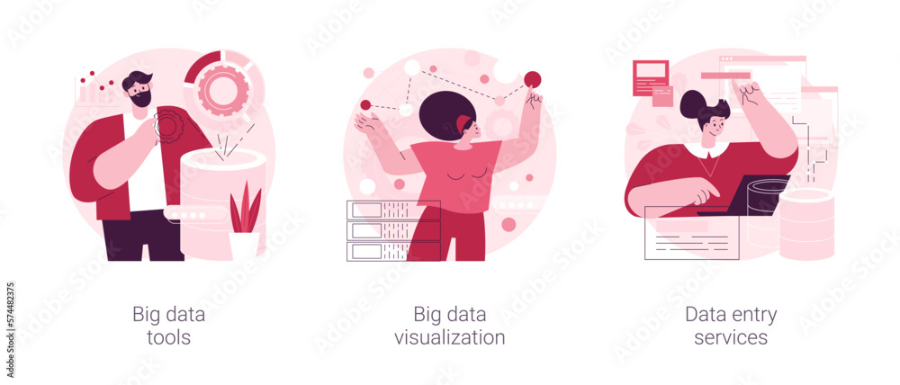 Poster database management abstract concept vector illustration set. big data tools and visualization, data