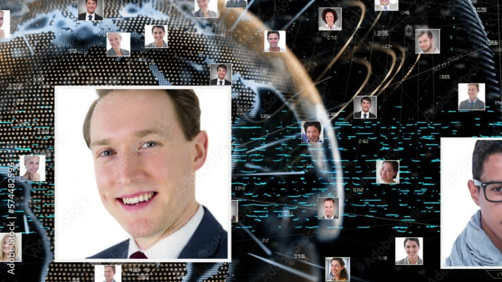 Sticker Animation of network of profile icons over spinning globe and light trails against black background