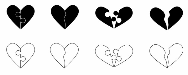 outline silhouette broken heart icon set isolated on white background