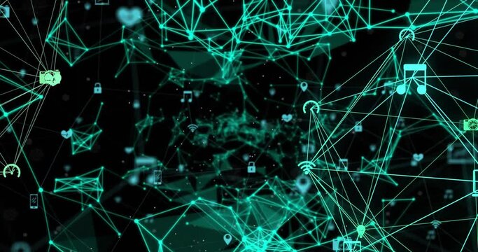 Animation of glowing network of digital icons and plexus networks against black background