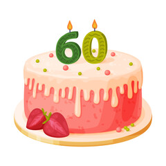 Candle on birthday cake with 60 number age. Festive dessert burning number shaped candle cartoon vector illustration
