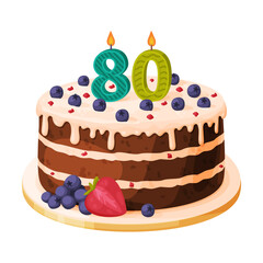 Candle on birthday cake with 80 number age. Festive dessert burning number shaped candle cartoon vector illustration
