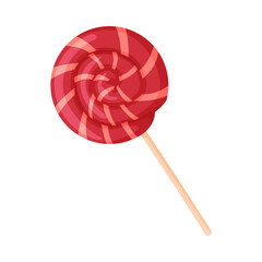 Red sweet lollipop. Round candy on stick cartoon vector illustration