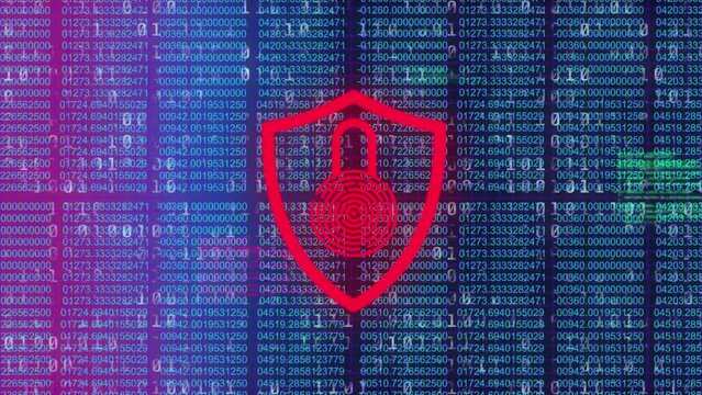 Animation of security padlock icon and binary coding data processing on purple gradient background