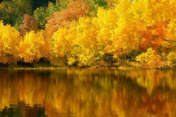 Autumn pond with yellow leaves and reflection. Generative AI
