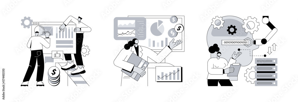 Poster big data abstract concept vector illustration set. analytics and data science, financial data manage
