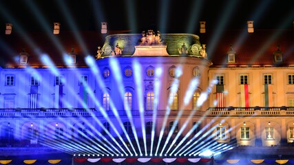 Warsaw, Poland. 21 February 2023. Ceremonial setting during President Joe Biden speech at the...