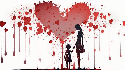 Plakat Watercolor illustration of mother and daughter or son surrounded by hearts. White background. AI generated. Mothers day Concept.