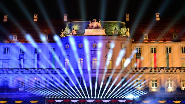 Warsaw, Poland. 21 February 2023. Ceremonial setting during President Joe Biden speech at the Warsaw Royal Castle Gardens.