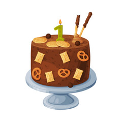 Candle on birthday cake with 1 number age. Festive dessert burning number shaped candle cartoon vector illustration