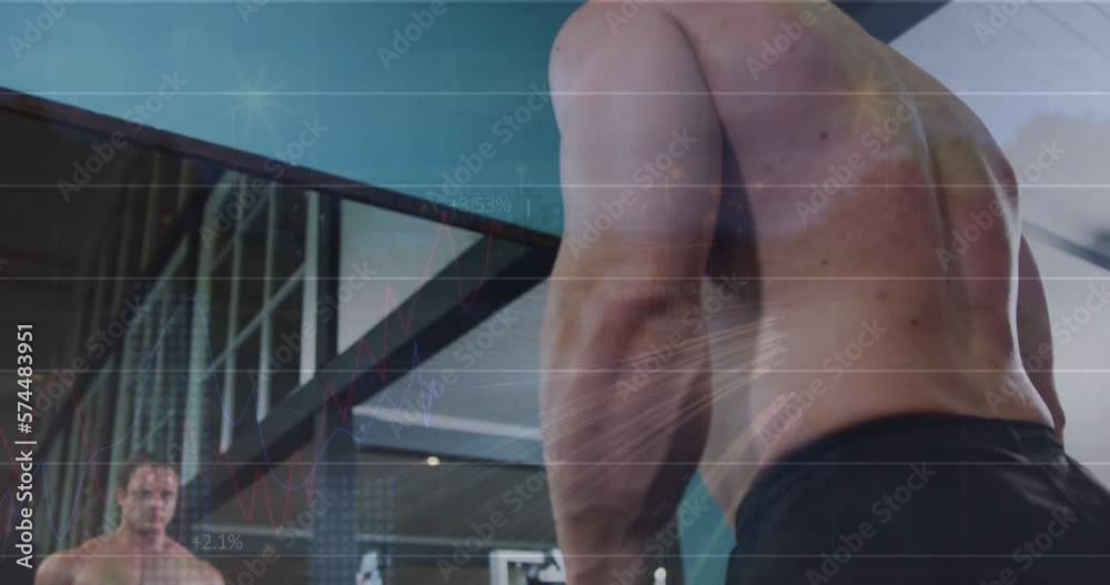 Poster Animation of statistical data processing over caucasian fit man working out with dumbbells at gym