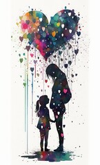 Obraz premium Watercolor illustration of mother and daughter or son surrounded by hearts. White background. AI generated. Mothers day Concept.