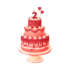 Candle on birthday cake with 2 number age. Festive dessert burning number shaped candle cartoon vector illustration