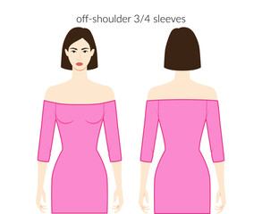 Off-shoulder sleeves clothes character beautiful lady in magenta top, shirt, dress technical fashion illustration with 3-4 bracelet length. Flat apparel template front, back. Women, men unisex CAD