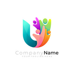 Letter U logo with people care community, charity logos