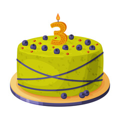 Candle on birthday cake with 3 number age. Festive dessert burning number shaped candle cartoon vector illustration