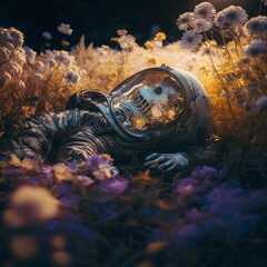 Peaceful Flowernaut Resting on a Plate Full of Flowers Generated by AI