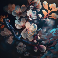 Extremely Friendly and Well Detailed Panorama of Blossoming Flowers on Small Purple Tree Generated by AI